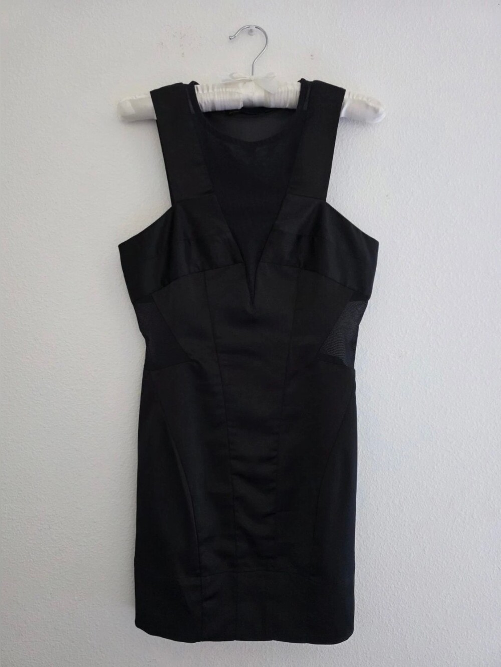 AllSaints Emi Black Dress Sleeveless Satin Sheer Mesh Cutouts Neck & Sides Sz 4